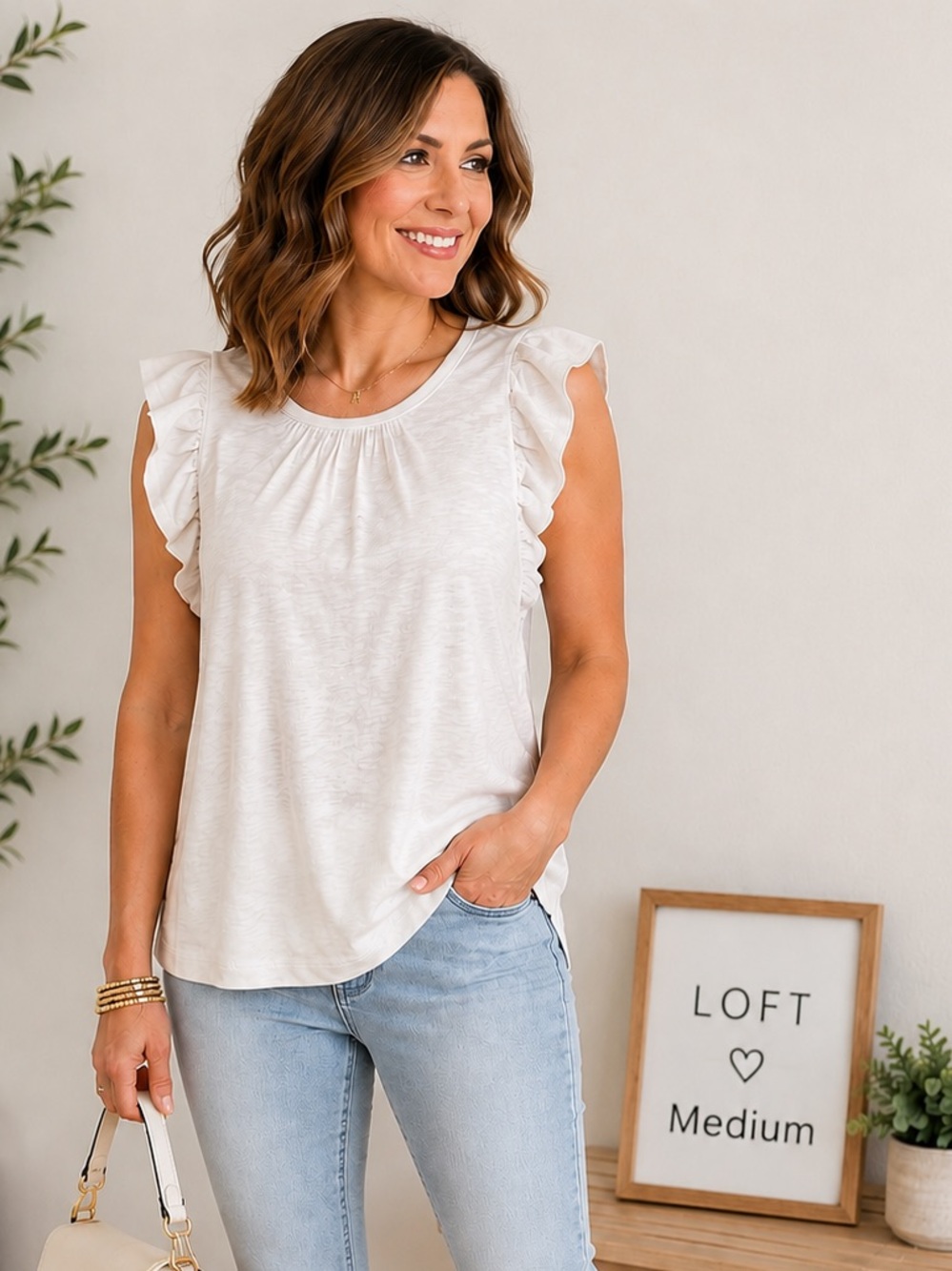 🤍 LOFT White Flutter Sleeve Knit Top Medium | Soft Feminine Ruffle Tee